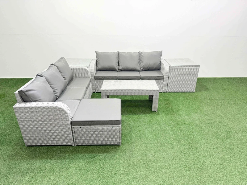 Image of Fimous Outdoor Garden Furniture Sets 7 Seater Wicker Rattan Furniture Sofa Sets with Oblong Coffee Table high Back Lounge Sofa Big Footstool 2 Side Ta