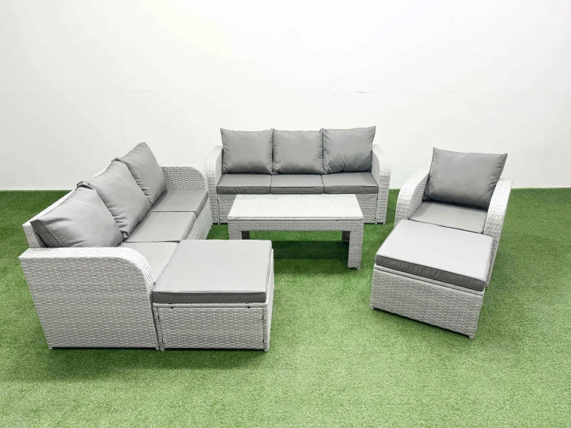 Image of Fimous 9 Seater Poly Rattan Outdoor Garden Furniture Oblong Coffee Table Sofa Set Patio 3 Seater Sofa Reclining Chair 3 Seater Sofa 2 Big Footstools L
