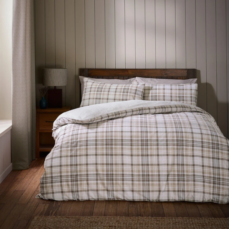 Image of Catherine Lansfield Catherine Lansfield 'Cosy Sherpa Check' Duvet Cover Set in Natural Size: Super King Natural Super King Unisex 5057681185255
