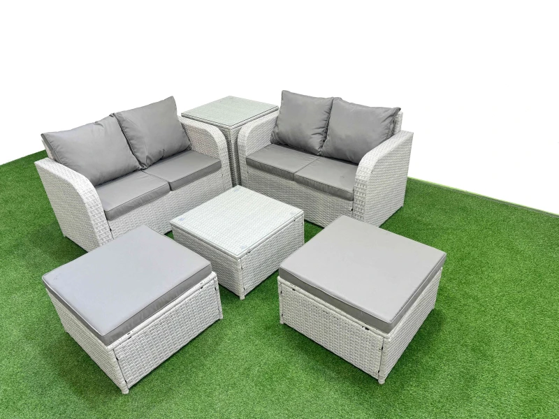 Image of Fimous 6 Seater Outdoor Love Sofa Set Rattan Garden Furniture Set with Square Coffee Table 2 Footstool Side Table Light Grey Light Grey