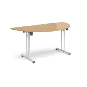 image of Semi circular folding leg table with white legs and straight foot rails 1600mm x 800mm - oak