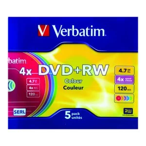 Image of Verbatim DVDRW 4x 4.7GB Non Printable Colours Slim Case Pack of 5 4