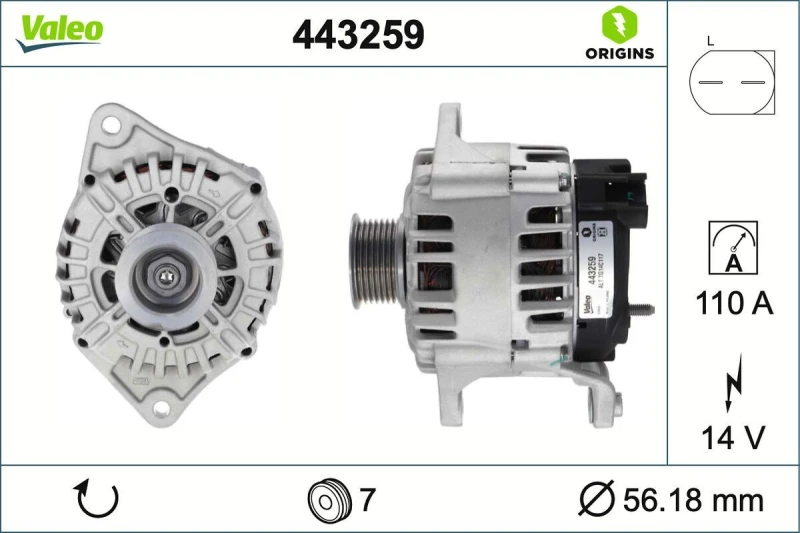 Image of VALEO 443259 Generator VALEO ORIGINS Alternator Charging Current: 110A, Voltage: 14V Alternator (4)