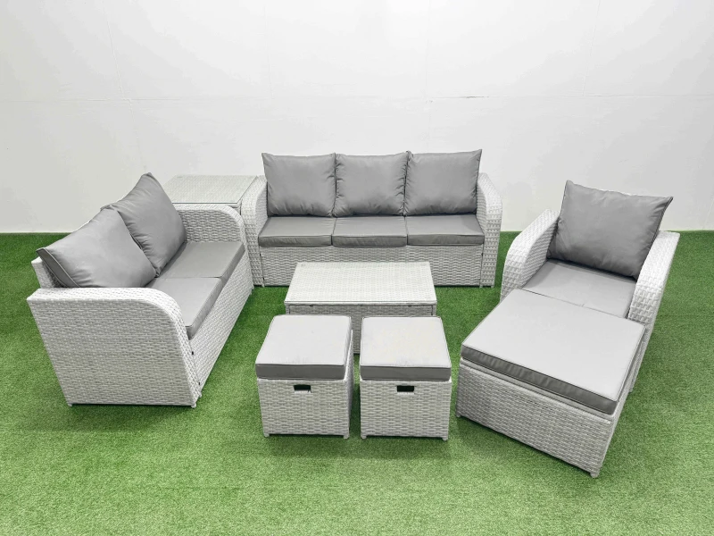 Image of Fimous Patio PE Wicker 9 Seater Outdoor Rattan Furniture Sofa Sets with Rectangular Coffee Table Reclining Chair Loveseat Sofa 3 Seater Sofa Stool Sid