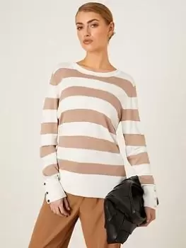 Image of Dorothy Perkins Stripe Button Cuff Jumper - Camel, Brown, Size S, Women