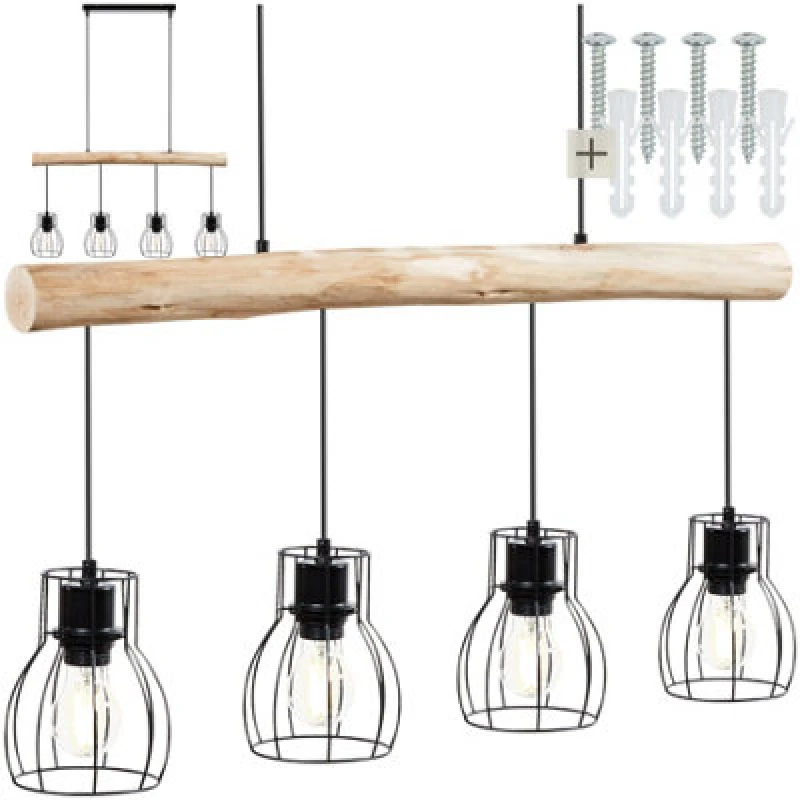 Image of Charnwood Pendant Light Woody - Rustic Wood & Black Metal, Minimalist Lampshades, 4X E27 Bulbs, 82 X 13.5 X 140 Cm 82 X 13.5 X 140 Cm - Blac