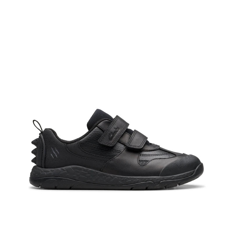 Image of Clarks Steggy 2 Pace Kid Black Leather Trainers, Riptape, School Shoes Size: 12-Standard Fit Black Unisex 12-Standard Fit