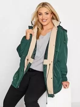 image of Yours Curve Hooded Lined Pocket Parka - Green , Navy, Size 18-20, Women