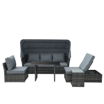 Image of Outsunny 5-Seater Outdoor Rattan Wicker Sofa Sets Reclining Sofa Adjustable Canopy & Side Table Dining Table Set w/ Cushions, Mixed Grey