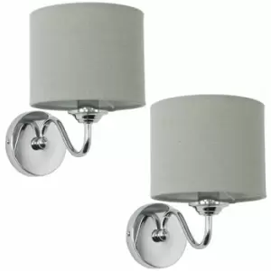 image of 2 x Chrome Curved Arm Wall Light Fittings With Grey Linen Shades