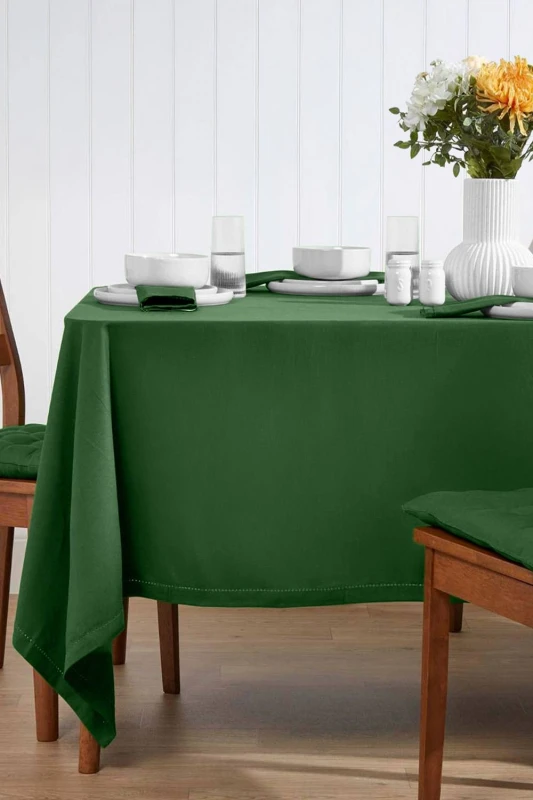 Image of Homescapes Plain Cotton Tablecloth, 137cm x 137cm Dark Green