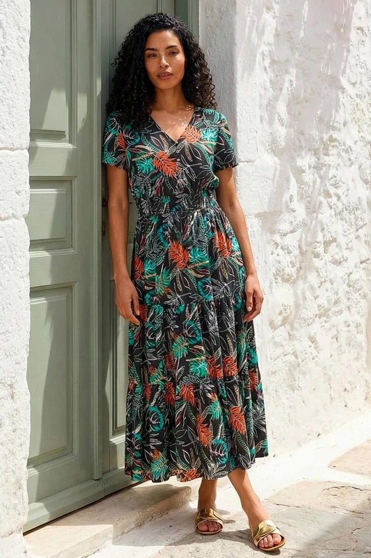Image of Roman Womens Leaf Print V-Neck Tiered Midi Dress in Black Size: 20 Black Female 20