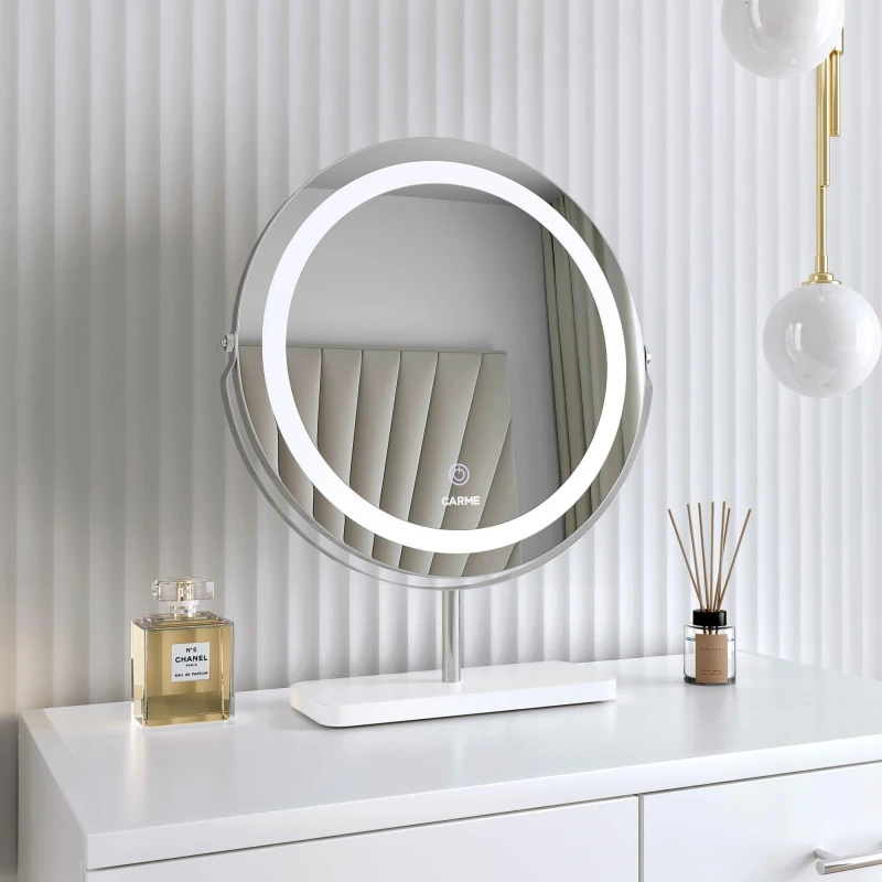 Image of CARME HOME Ava Silver Marble Touch Sensor LED Light Mirror Silver unisex