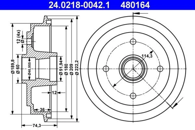 Image of ATE 24.0218-0042.1 Brake Drum 222,2mm, without wheel bearing Brake Drum (123)
