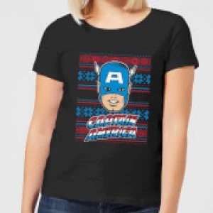 Marvel Captain America Face Womens Christmas T-Shirt - Black - S