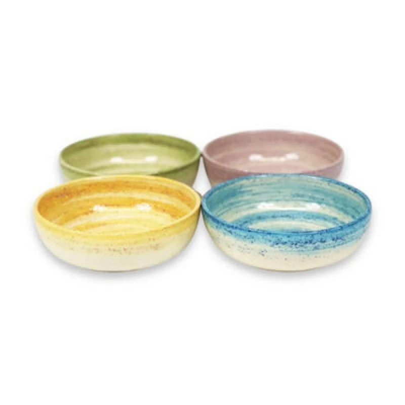 Image of Verano Spanish Ceramics Pastel Beach Hand Painted Kitchen Dining Table Shallow Bowl Set Of 4 Mixed Colours 14Cm (Diam)