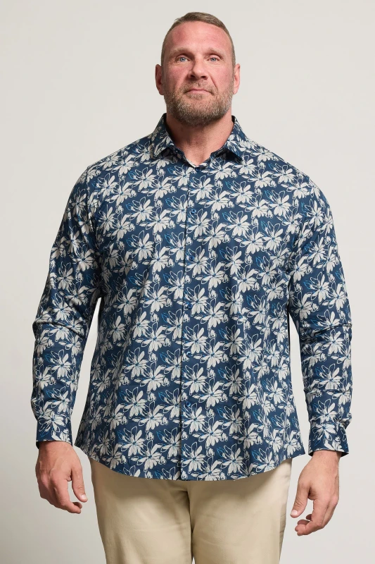 Image of BadRhino BadRhino Men Premium Leaf Print Long Sleeve Shirt in Mid Navy Mid Navy One Size Male 5063589043511