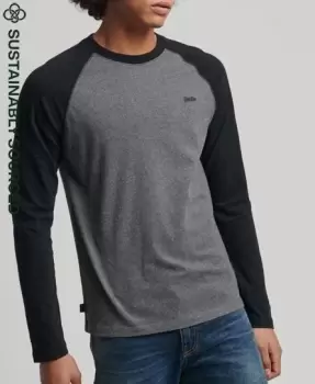 Image of Superdry Mens Organic Cotton Essential Long Sleeved Baseball Top Dark Grey / Rich Charcoal Marl/Black - Size: L