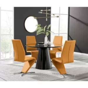 Image of Furniture Box Palma Black Semi Gloss Round Dining Table and 4 Mustard Willow Chairs
