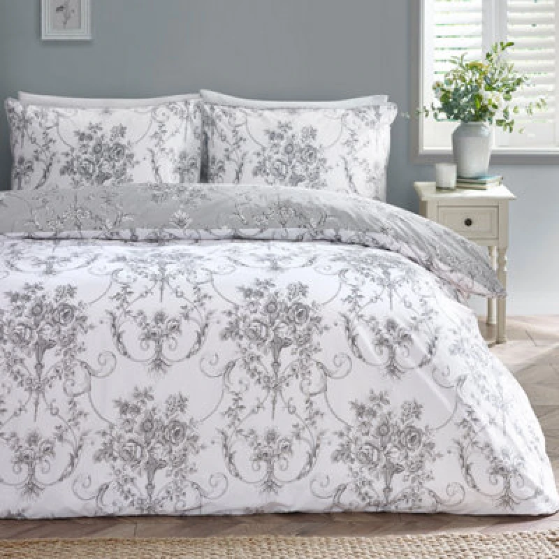 Image of Catherine Lansfield Antoinette Damask Reversible Single Duvet Cover Set With Pillowcase Grey