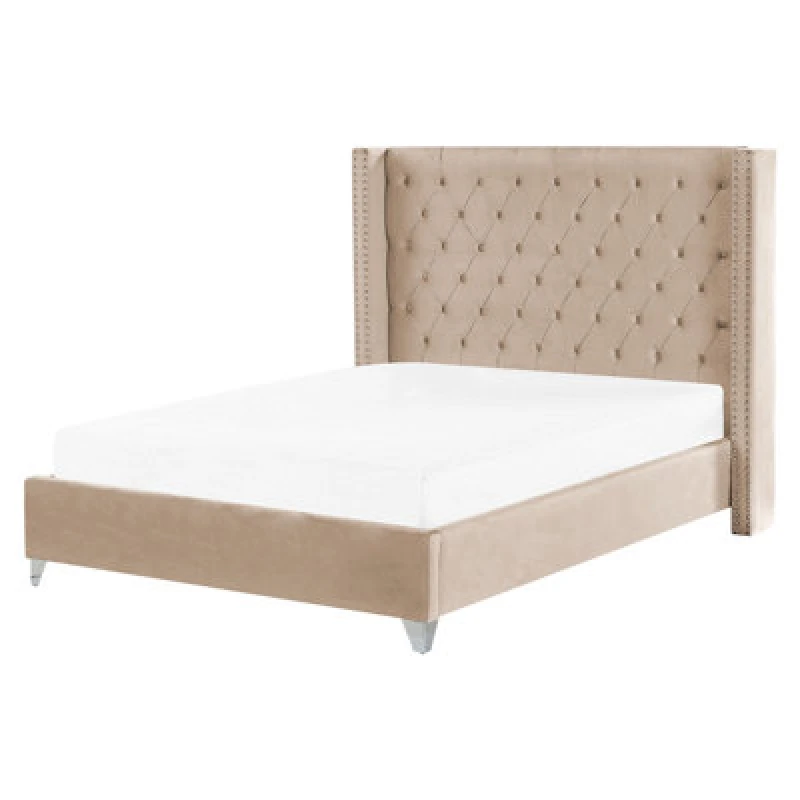Image of Beliani Bed Velvet Lubbon 160 X 200 Cm (Eu King Size) Beige