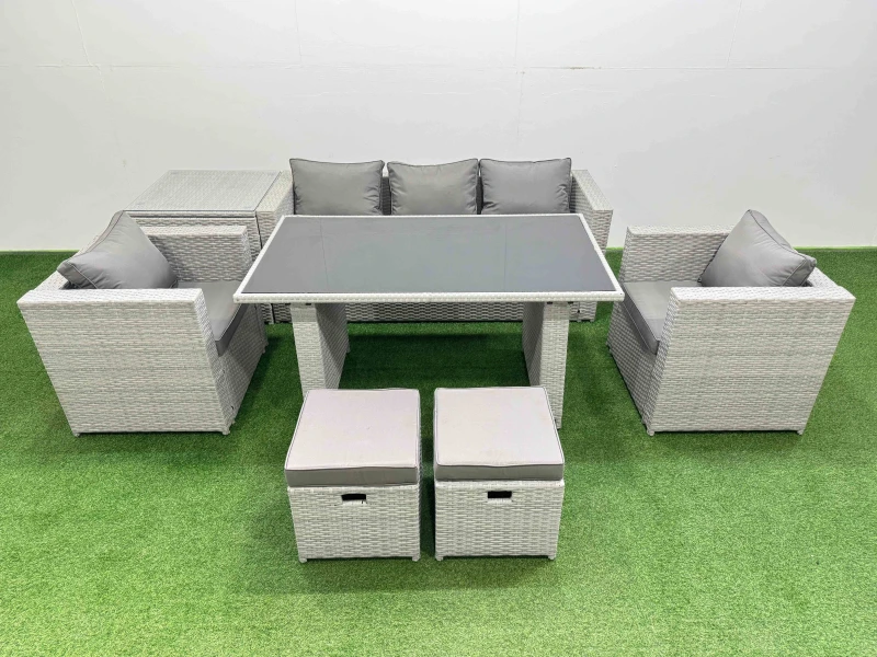 Image of Fimous Patio Garden Furniture Sets with Dining Table Side Table 2 Small Stool in Light Grey Light Grey Unisex