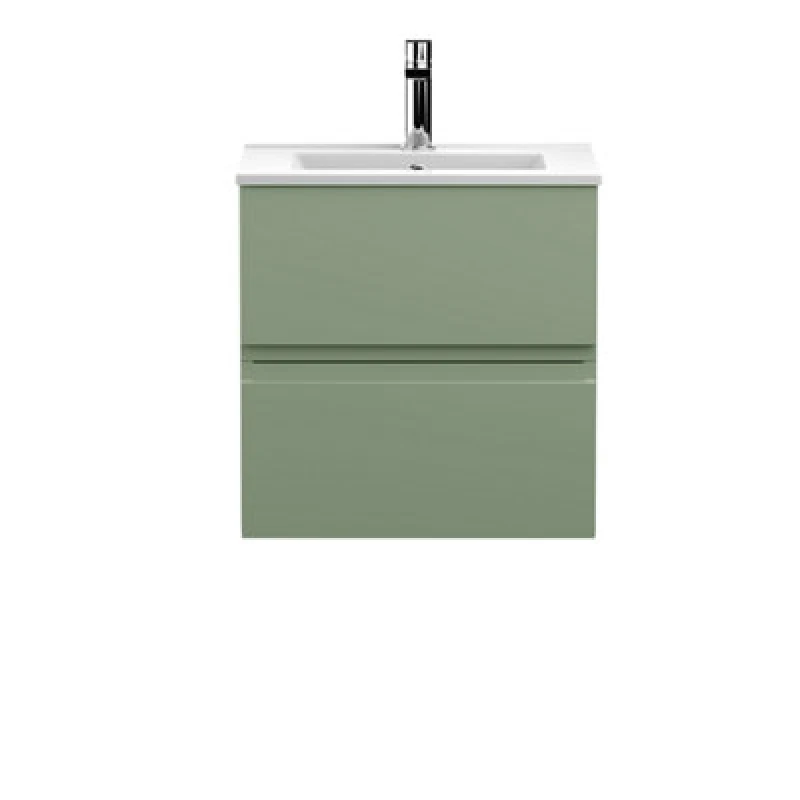 Image of Nuie Hudson Reed Urban Wall Hung 2 Drawer Vanity Unit With Minimalist Ceramic Basin, Modern Bathroom Furniture In Satin Green, 500mm