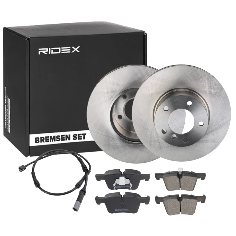 Image of RIDEX 3405B1664 Brake disc and pads set Front axle both sides, Brake Disc Type: internally vented, incl. wear warning contact, with piston clip Brake