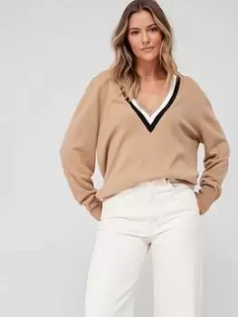 Image of BOSS Felipina V-neck Jumper - Beige, Beige, Size XL, Women