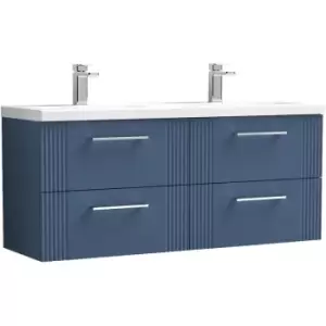 image of Nuie Deco Satin Blue 1200mm Wall Hung 4 Drawer Vanity Unit with Twin Polymarble Basin - DPF393F - Satin Blue