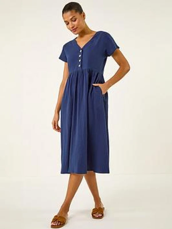 Image of Roman Womens Linen Look Button Midi Dress in Navy Size: 12 Navy Female 12