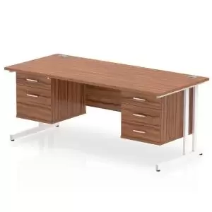 Image of Impulse 1800 Rectangle White Cant Leg Desk WALNUT 1 x 2 Drawer 1 x 3