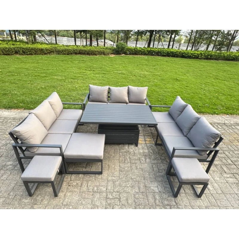 Image of Fimous Aluminum Modern Patio Conversation Set with Lifting Table, 3 Footstools in Dark Grey Dark Grey Unisex