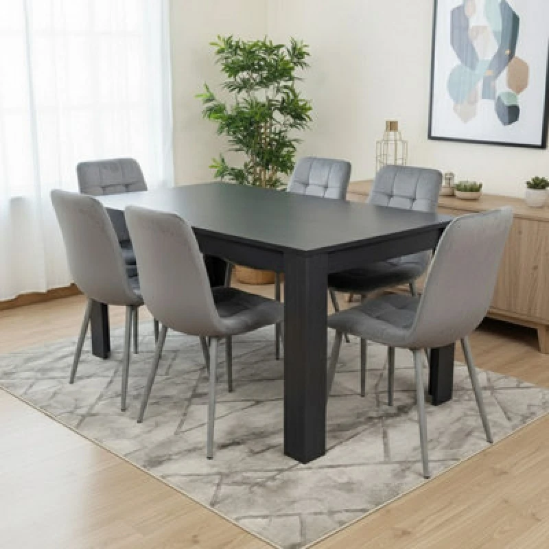 Image of Kosy Koala Arrow Charcoal Dining Table Set With 6 Grey Velvet Chairs Dining Room Furniture