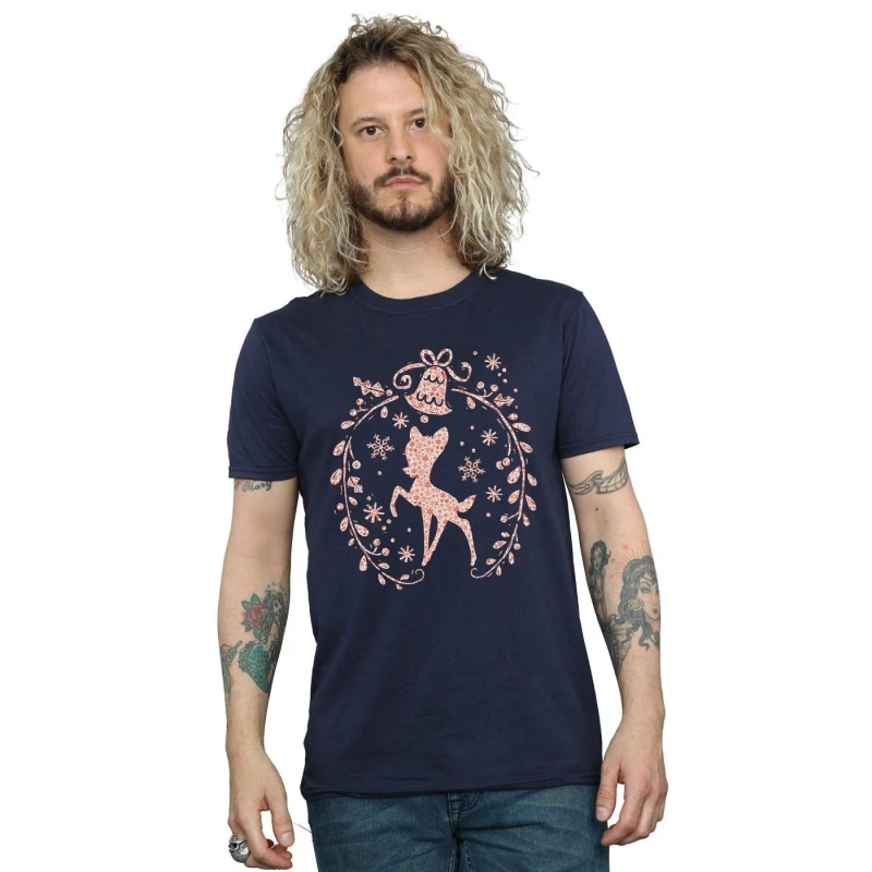 Image of Disney Men Bambi Christmas Wreath T-Shirt in Navy Size: Small Navy S Male 5057245990677