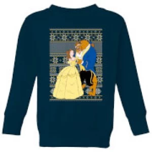 image of Disney Classic Beauty and The Beast Pattern Kids Christmas Sweatshirt - Navy - 11-12 Years