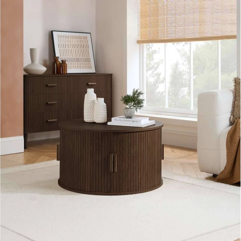 Image of Birlea Axel Round Fluted Coffee Table with Storage Walnut in Brown Size: 1 Pack Brown Unisex 1 Pack