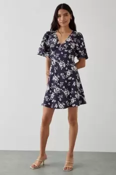 image of Navy Floral Flutter Sleeve Mini Dress