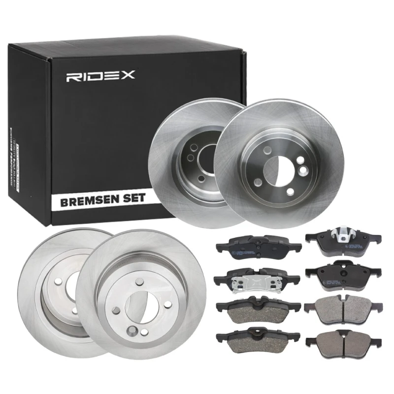 Image of RIDEX 3405B1723 Brake disc and pads set Rear Axle, Brake Disc Type: Solid, excl. wear warning contact, with piston clip Brake Set,disc brakes (3405)