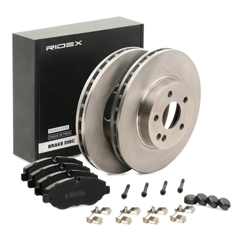 Image of RIDEX 3405B1014 Brake disc and pads set with accessories, Front Axle, Brake Disc Type: internally vented, prepared for wear warning indicator, with an