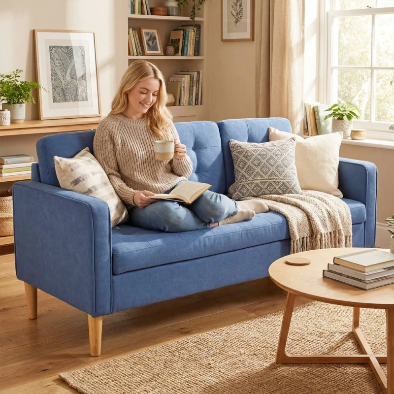 Image of HOMCOM Modern 3 Seater Sofa with Hidden Storage & Rubber Wood Legs in Blue Blue Unisex 3 Seater