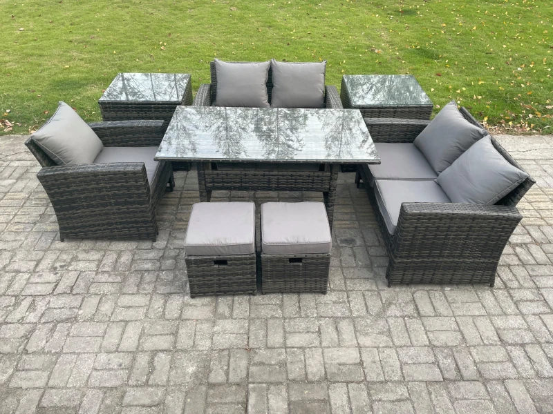 Image of Fimous Outdoor Garden Dining Set Wicker PE Rattan Furniture Sofa with Dining Table Double Seat Sofa 2 Side Tables 2 Small Footstools in Dark Grey Dark