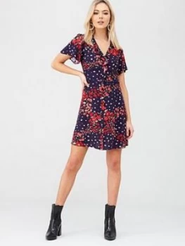 Image of Oasis Floral Ditsy Ruffle Tea Dress - Multi Blue, Multi Blue, Size 12, Women