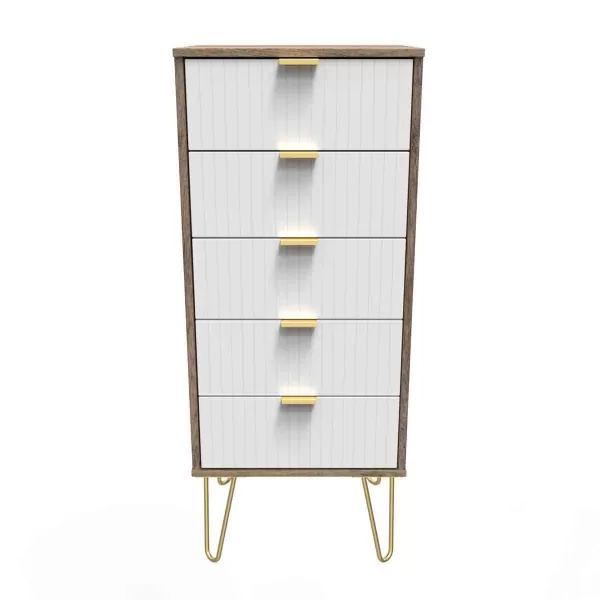 image of Welcome Furniture Ready Assembled Linear 5 Drawer Tallboy In White Matt & Vintage Oak