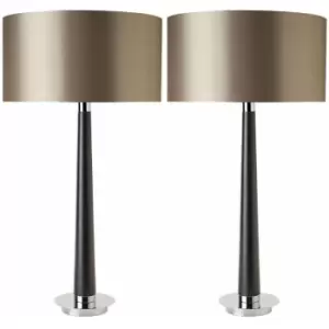 Image of 2 pack Walnut Table Lamp Light Chrome Mink Silk Shade Round Base Desk Sideboard