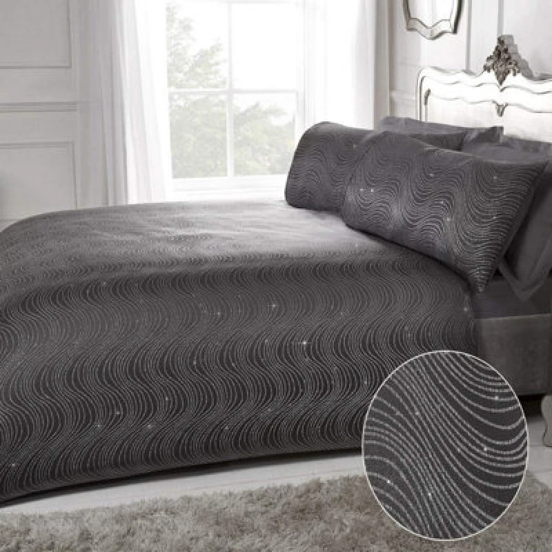 Image of Smart Living Smart Living Luxury Hotel Quality Lurex Jacquard Swirl Duvet Cover with Pillowcases in Charcoal Size: Double Charcoal Double Unisex 505