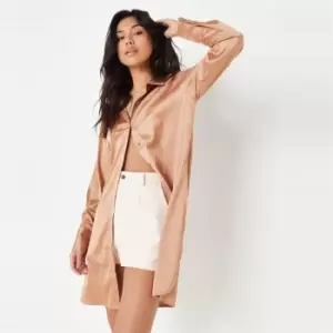 Missguided Longline Satin Shirt - Brown