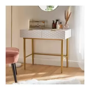 image of BTFY White & Gold Dressing Table with 2 drawers - Honeycomb Design, Vanity Table, Desk, Make up table, Vanity Desk with Gold Metal Legs, for Bedroom,