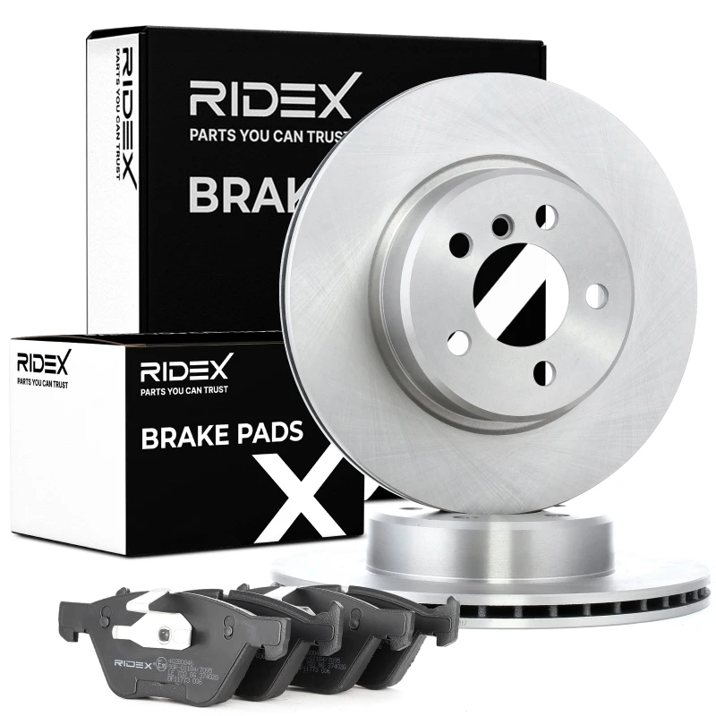 Image of RIDEX 3405B0497 Brake disc and pads set Front Axle, Brake Disc Type: internally vented, prepared for wear warning indicator Brake Set,disc brakes (34