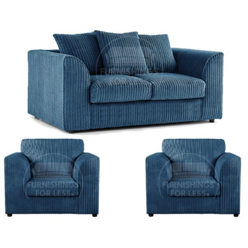 Image of Furnishings For Less UK Luxor Jumbo Cord 2 + 1 + 1 Fabric 3 Piece Sofa Suite - Scatter Back Marine Blue